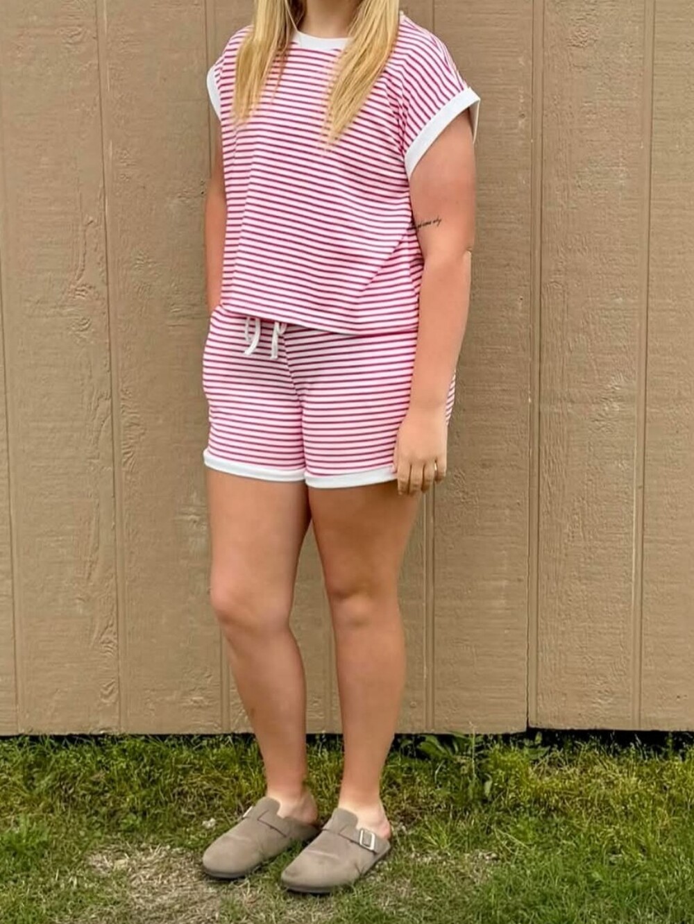 Zenana Outfitters Set Matching Pink & White Striped Knit Top & Shorts Lounge L